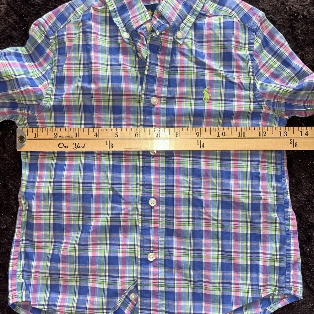 Boys Size 4 Button Down Shirt Ralph Lauren Blue Pink Green‎ Plaid Long Sleeve